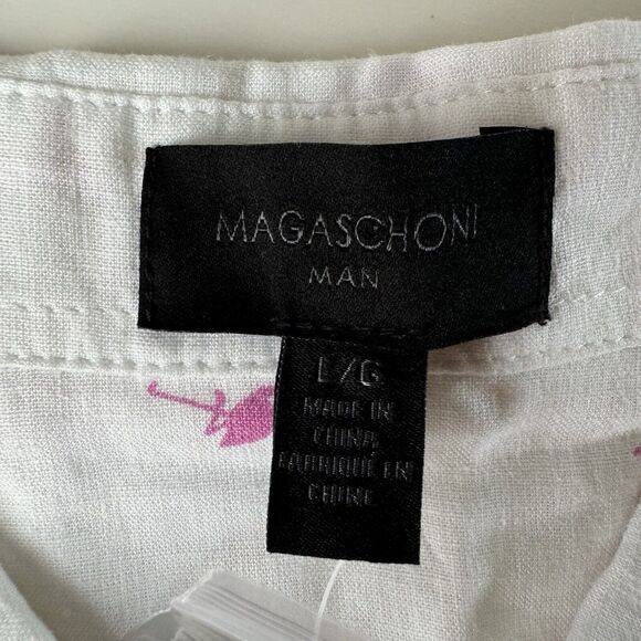 Magaschoni Man Short Sleeve Shirt Flamingos All Over Print Linen Blend Large NWT - Picture 3 of 13
